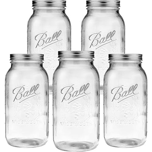 Ball - 64oz Wide Mouth Jars with Lids & Bands 5 Pack Jars | Half Gallon Large Glass Mason Jar for Food Storage with airtight Lid, 0.5 Gallon Glass Jar with Lid and Bands, Set of 5