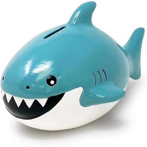 Isaac Jacobs Ceramic Shark Money Bank, Fish Piggy Bank, Ocean or Sea Themed Decoration, Baby Shark, Girls and Boys Room Décor, Kids Cartoon Coin Bank, Fun Gift for Children, Boys (Blue)