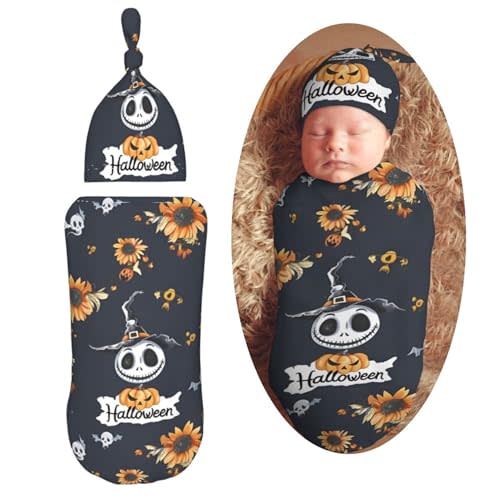 AuHomea Halloween Pattern in Black Skulls Newborn Swaddle Blanket Soft Unisex Infant Swaddle Wrap Blanket Baby Receiving Blanket with Beanie Hat for Boy and Girl