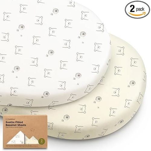 2-Pack Organic Bassinet Sheets for Girls, Boys - 100% Cotton Bassinet Mattress Sheets Compatible with Halo Bassinest Swivel Sleeper, Graco, Baby Delight, Chicco, Fitted Bassinet Sheets (Bumble Bear)