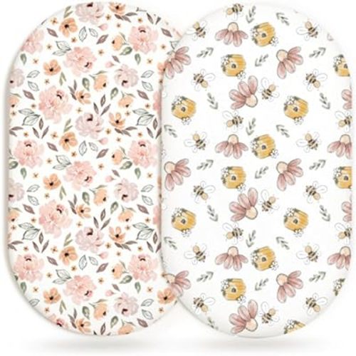Bassinet Sheets for Baby Girls Boys 2 Pack, Fitted Baby Mattress Sheet for Rectangle, Oval, Hourglass Bassinet Mattress, Breathable Cozy & Universal Fit (Blossom & Buzz)