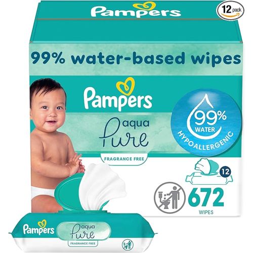 Pampers Baby Wipes Aqua Pure, 99% water-based wipes, Hypoallergenic and Unscented Baby Wipes, 672 Wipes Total (12 Flip-Top Packs)