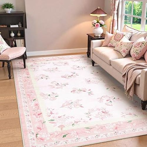 LIVEBOX 5x7 Soft Boho Nursery Rug for Baby Girl, Light Pink Rug Non-Slip Faux Wool Rug, Ultra-Thin Machine Washable Area Rugs for Girls Room, Non-Shedding Floral Rug for Dining Room