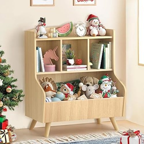 Kids Bookshelf and Toy Storage, 3-Tier Wooden Bookcase, Baby Book and Toy Storage Display Organizer with Spacious Top Shelf for Children, Friends, Family, Natural Wood Color