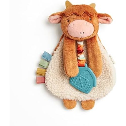 Itzy Ritzy - Itzy Lovey Including Teether - Baby Lovey with Teether, Textured Ribbons & Dangle Arms - Features Crinkle Sound, Sherpa Fabric and Minky Plush (Highland Cow)