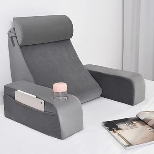 19" Back Support Pillow with Cup Space - Reading Pillow with Built-in Arms & Large Pockets, Removable Washable Cover, Wedge for Sitting/Reclining/TV/Bed/Couch/Floor, Medium Firm, Grey