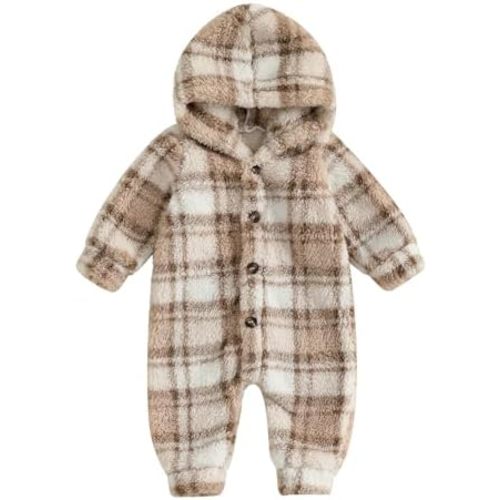 Baby Furry Jumpsuit Newborn Fleece Snowsuit Plaid/Butterfly Long Sleeve One-Piece Hooded Romper Winter Clothes