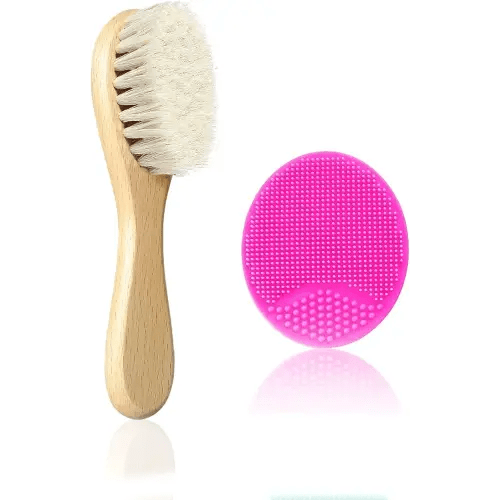 Baby Hair Brush, Goat Bristles Brush and Rose Red Baby Silicone Brush Set for Cradle Cap Wood Bristle Brush for Newborns and Toddlers (2 Piece)