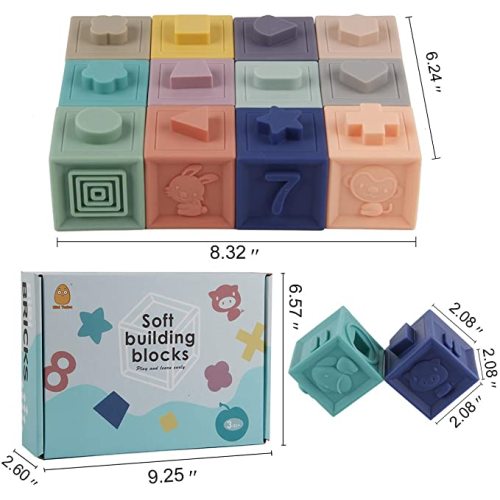 Mini Tudou Baby Blocks Soft Building Blocks Baby Toys Teethers Toy Educational Squeeze Play with Numbers Animals Shapes Textures 6 Months and Up 12PCS - baby blocks