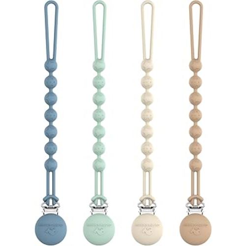 Cuddle Campus Silicone Pacifier Clip Holder with One Piece Design, Pack of 4 Soft Flexible Binky Clips with Texture for Baby Boy and Girl (0-6M) Set 1
