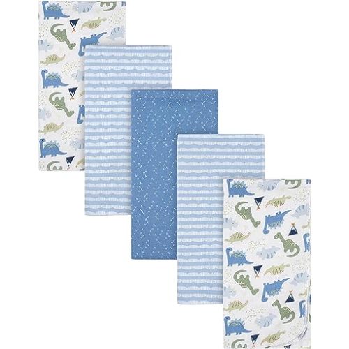Gerber Boys Newborn Infant Baby Toddler Nursery 100% Cotton Flannel Receiving Swaddle Blanket, Dinosaur Blue, 5 Count (Pack of 1)