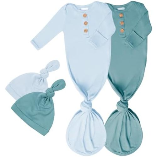 2-Pack Newborn Baby Knotted Gown and Hat Set, Soft Stretchy Infant Sleepwear with Mittens, 4-Piece Outfit (0–6M)