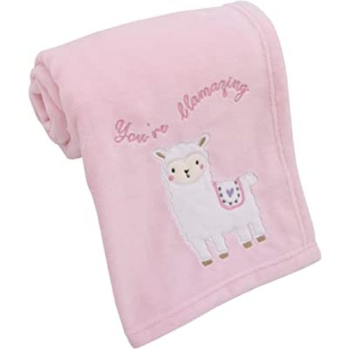 Little Love by NoJo Sweet Llama & Butterflies Super Soft Pink Baby Blanket with Applique & Embroidery, Pink, Ivory