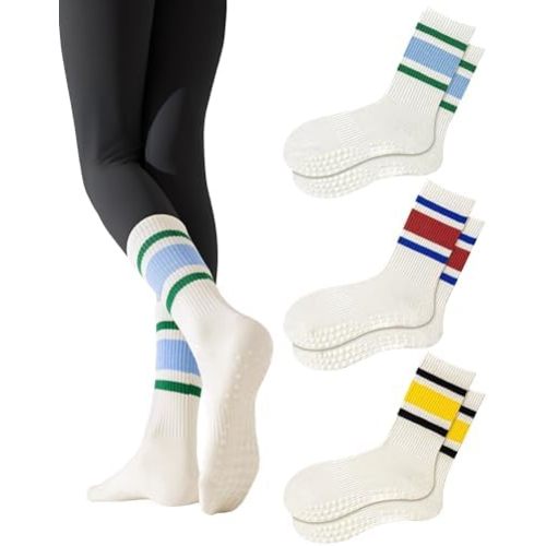 Yawlsow 3 Pairs Pilates Grip Socks, Striped Retro Crew Socks