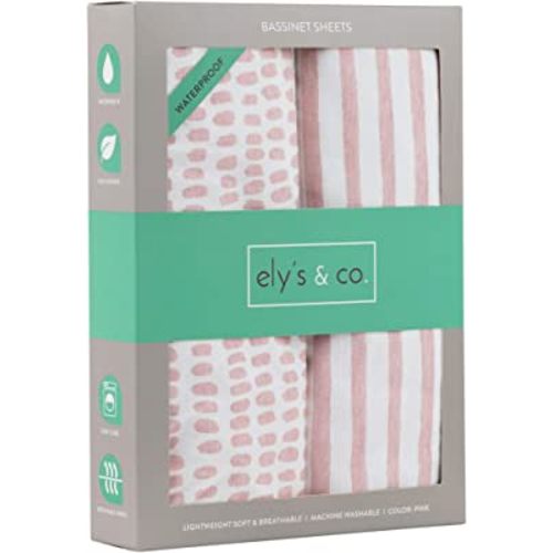 Ely's & Co. Patent Pending Waterproof Bassinet Sheet, No Need for Bassinet Mattress Pad Cover, 2 Pack Mauve Pink Splash & Stripes,for Baby Girl 32" 16"X3"