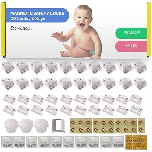 Eco-Baby Magnetic Cabinet Locks for Babies - Keyless, White, 20 Pack and 3 Keys