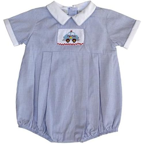 Baby Boy Short Romper Grey Checkered Hand Smocked Police Car on Creeper
