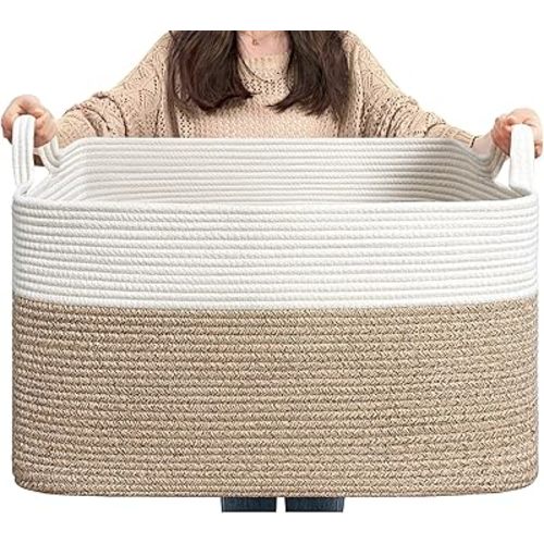 Goodpick Blanket Basket, Toy Baskets Storage Kids, Large Baskets for Storage, Baby Laundry Basket with Small Cute Basket, Blanket Storage for Dirty Clothes, 21.6" x 14.9" x 11.8", White & Light Brown