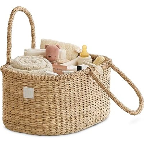 BEBE BASK Premium Baby Diaper Caddy Organizer - Artisan-Made Seagrass Basket With Cotton Divider - Award-Winning & Luxury Diaper Caddy Basket (ROSA)