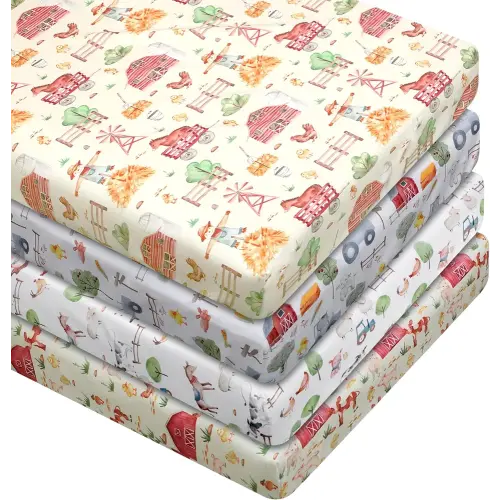 4 Pcs Farm Animals Crib Sheet Set Baby Sheet Newborn Bedding Nursery Crib Sheets for Girl Boys Baby Gifts for Standard Crib and Toddler Mattresses, 52 x 28 x 8 Inches