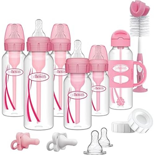 Dr. Brown's Anti-Colic Options+ Narrow Bottle Gift Set with Sippy Straw Bottle, HappyPaci Silicone Pacifiers, Storage/Travel Caps, and Bottle Brush, Pink