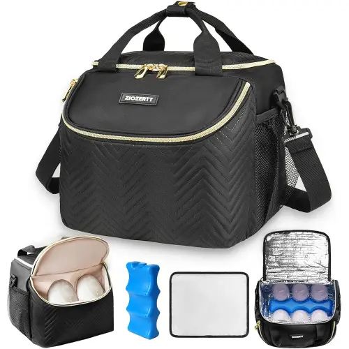 Wearable Breast Pump Bag,Breastmilk Cooler Travel Bag Compatible with Momcozy/Willow/Medela/Elvie Breast Pump with Ice Pack and Water Resistent Mat for 6 Baby Bottles Up to 9 Ounce,Black