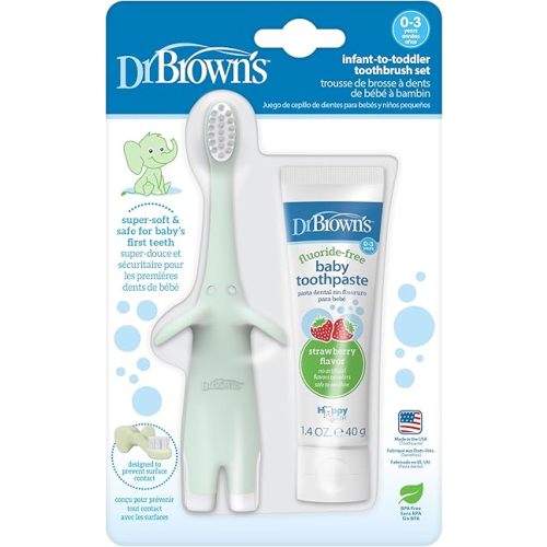 Dr. Brown's Infant-to-Toddler Training Toothbrush Set, Mint Elephant with Fluoride-Free Strawberry Baby Toothpaste, 0-3 Years (Styles May Vary)