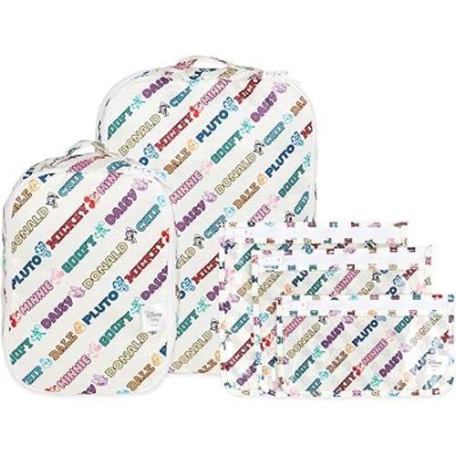 Bumkins Disney Packing Cubes and TSA Approved Pouches for Travel Bag, Organize Luggage with Compression Bags, Essential Traveling Accessories to Pack Clothes, Toiletries, 5-pc Mickey and Friends White