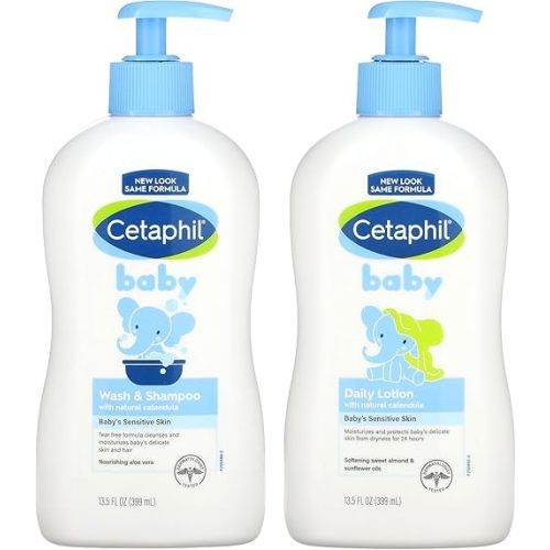 Cetaphil Baby Wash & Shampoo Plus Body Lotion, Healthy Skin Essentials, Head to Toe Hydration for up to 24 Hours, for Delicate, Sensitive Skin, 2-Pack,White