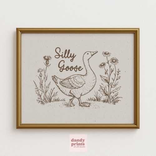 silly goose vintage style nursery art print | printable new baby gift | farmhouse wall decor | cottage animal illustration instant download