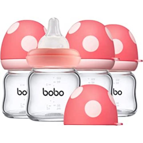 Natural Glass Baby Bottle with Natural Response Nipple, Newborn Anti-Colic Baby Bottles, Wide Neck Mushroom Cap Baby Bottle, Clear (3.4oz (Pack of 4), Red)