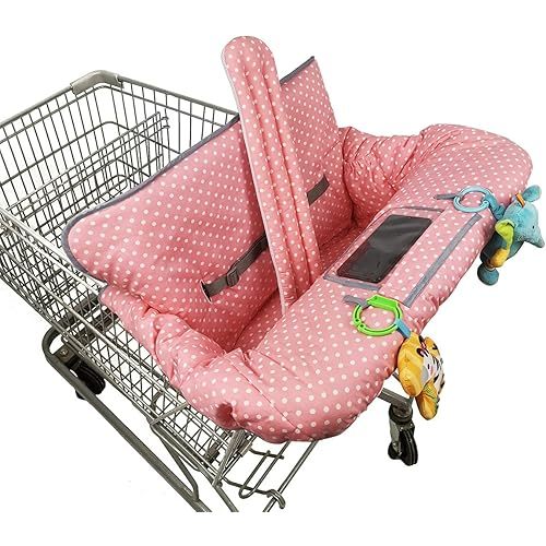ICOPUCA Shopping Cart Cover, 2 in 1 cart Cover for Babies N high Chair Cover, Padded Grocery cart Cover for Baby Girl boy, with 1” Thick/Removable/Reversible Cushion, Pink dots;