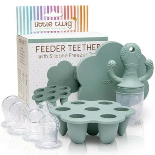 Little Twig Silicone Baby Fruit Feeder Teether Set with Pouches Freezer Tray & Measuring Cup, Sage