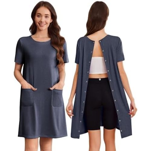 Deyeek Hospital Gowns for Women Open Back Tear Away Snap Nursing Dress Short Sleeve Soft Adaptive Clothing With Pockets