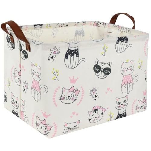 Sanjiaofen Rectangular Pink Baskets,Cat Basket,Cute Storage Bins, Kids Basket , Girls Baskets with Handles.,Toys Box,Books Bins,Gifts Baskets. (Cat)