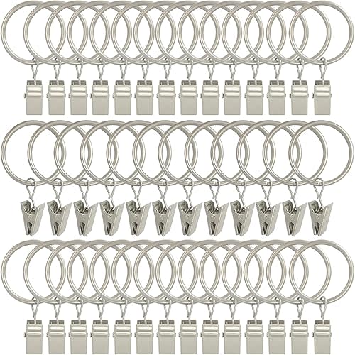 40 Pack Curtain Rings with Clips, Drapery Clips with Rings, Drapes Rings 1.26 in Interior Diameter, Fits up to 1 in Curtain Rod, Matte Silver