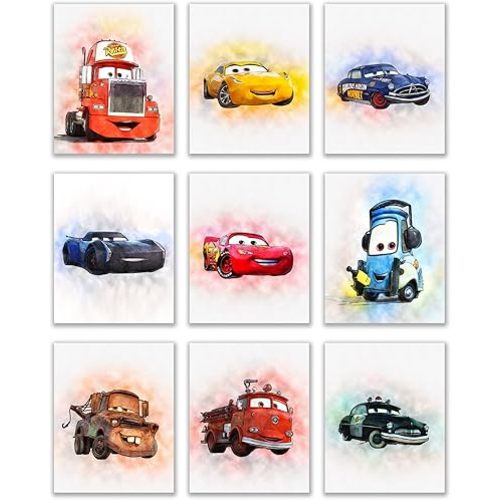 BigWig Prints Cars Poster Set - Cars Room Decor for Boys And Girls, Lightning Mcqueen Room Decor, Wall Art for Kids Bedroom, Tow Mater Doc Hudson Jackson Storm Cruz Ramirez - 9 Pack (8x10”) Unframed
