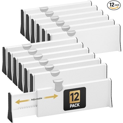 Drawer Dividers Organizer 12 Pack, Adjustable Separators 4" High Expandable from 11-17" for Bedroom, Bathroom, Closet, Clothing, Office, Kitchen (White, 12 PACK)