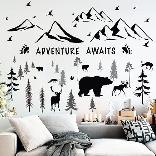 Chinco 4 Sheets Mountain Wall Decal Rustic Wall Stickers Nursery Dreamy Forest with Pine Tree Deer Peel and Stick Inspirational Quote Decals DIY for Kids' Room (Black,11.81 x 9.45 Inches)