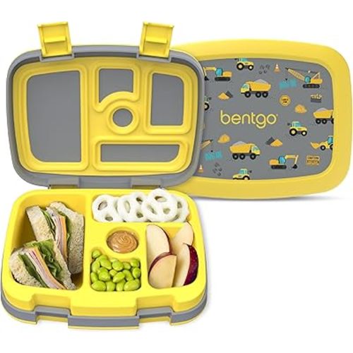 Bentgo Kids Prints Leak-Proof, 5-Compartment Bento-Style Kids Lunch Box - Ideal Portion Sizes for Ages 3-7, Durable, Drop-Proof, Dishwasher Safe, & Made with BPA-Free Materials (Construction Trucks)