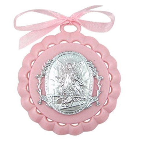 Moulded Acrylic Pink Crib Medal with Guardian Angel for Baby Girl Nursery Decor, 3 1/2 Inch