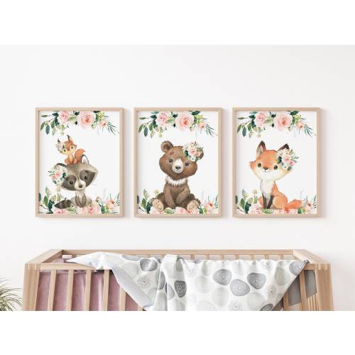 Girl Woodland Nursery Wall Art Poster, Woodland Nursery Decor, Bear Fox Raccoon Posters, Set of 3 Mailed Posters, Woodland Posters, W28