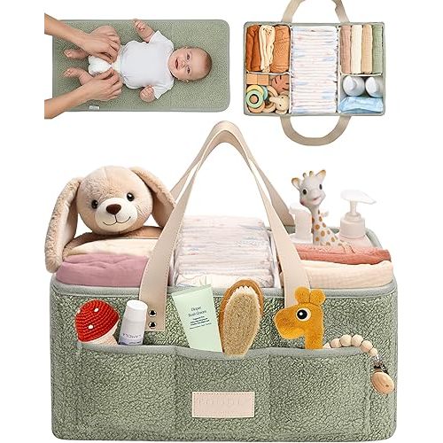 Baby Diaper Caddy Organizer with Portable Changing Mat - Teddy Fleece Diaper Organizer for Changing Table - Basket for Changing Essentials - Baby Essentials Organizer with Removable Dividers