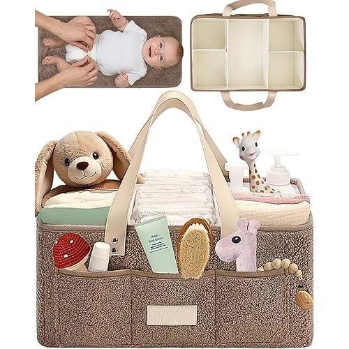 Toodly Baby Diaper Caddy Organizer with Portable Changing Mat - Teddy Fleece Diaper Organizer for Changing Table - Basket for Changing Essentials - Baby Essentials Organizer with Removable Dividers