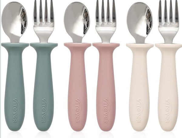 6 Pieces Toddler Utensils, Children Silverware Set with Silicone Handle, Kids Safe Spoons and Forks, Dishwasher Safe, 18/8 Stainless Steel, Food-grade Silicone,BPA Free - Tan