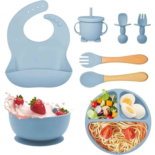 Silicone Baby Feeding Set, Fzyoayzm 8pcs Baby Led Weaning Supplies With Suction Bowl Divided Plate, Toddler Led Weaning Self Feeding Utensils Dish Set with Spoons Forks Sippy Cup Bib BPA-Free - Blue