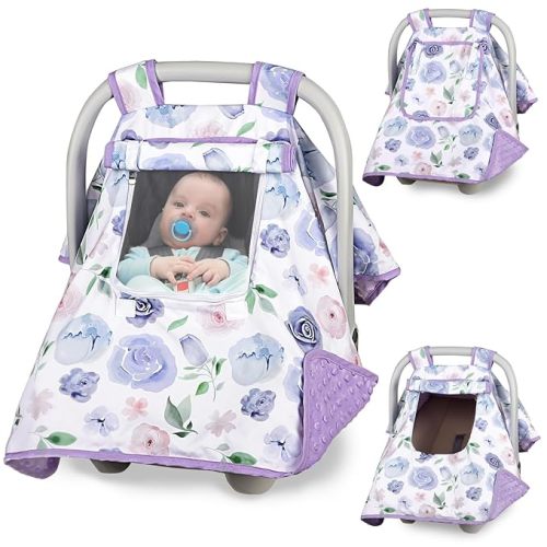 Baby Carseat Seat Cover Girls, Winter Carseat Canopy, Cozy & Warm Cover with Zipper Peep Windows, Infant Minky Carrier Cover, Soft Breathable, Baby Must Have, Purple Romantic