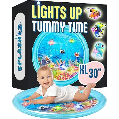 SplashEZ Lights Up Tummy Time Water Mat for Babies, 30" X-Large Baby Water Mat Tummy Time for Sensory Play with LED Glowing Fishes, Inflatable Fun Play Pad for Infants & Toddlers 3 to 36 mo