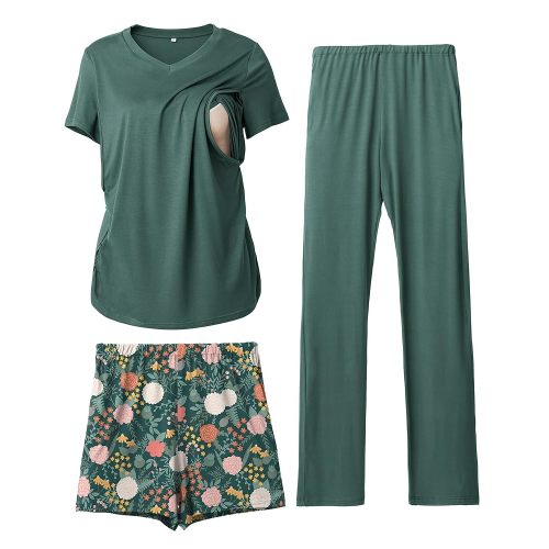 Rnxrbb 3 Piece Women's Maternity Nursing Pajamas Set V Neck Breastfeeding Pjs Sleepwear Postpartum Shorts&Pants Pockets