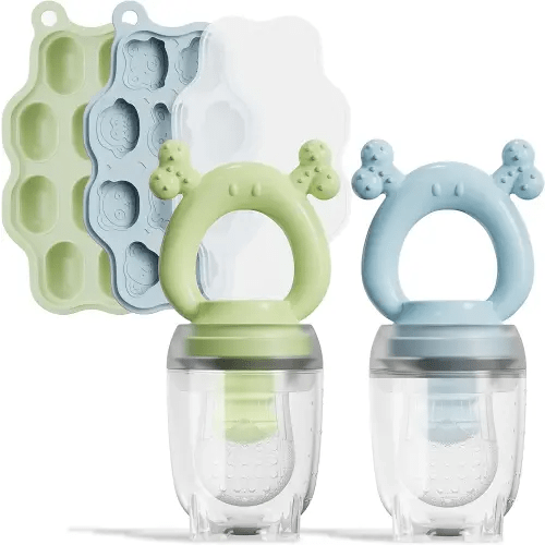 Silicone Baby Fruit Feeder with Freezer Tray (2 Pack),Baby Teethers,Baby Teething Toy,Breastmilk Popsicle Molds for Baby Teething Relief,Fresh Food Feeder for Safe Infant Self Feeding (Blue & Green)